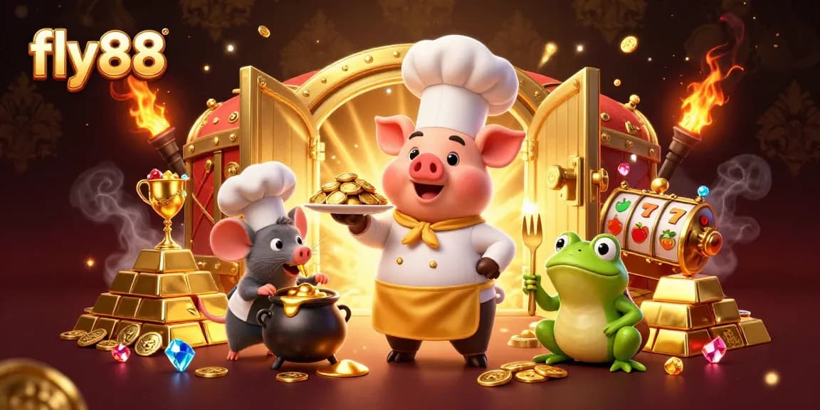 Experience the excitement of fly88 with a chef pig serving gold coins amidst vibrant slot reels and jewels.