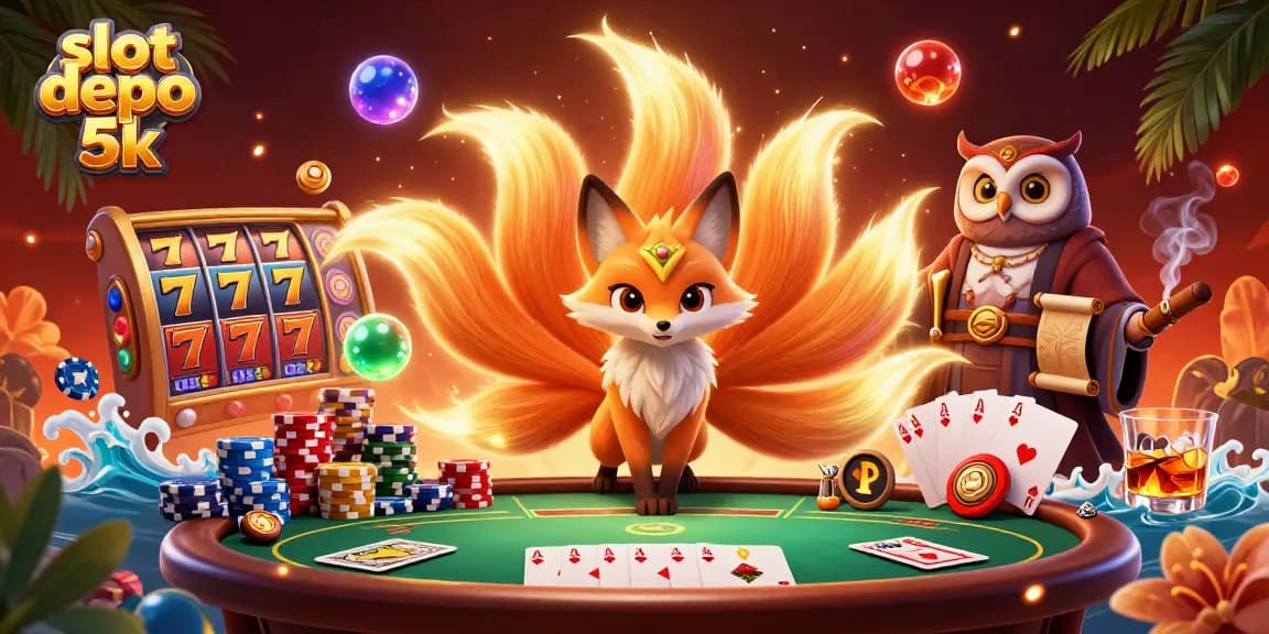 Spin the reels in this vibrant slot depo 5k scene featuring colorful characters and dynamic gaming elements.
