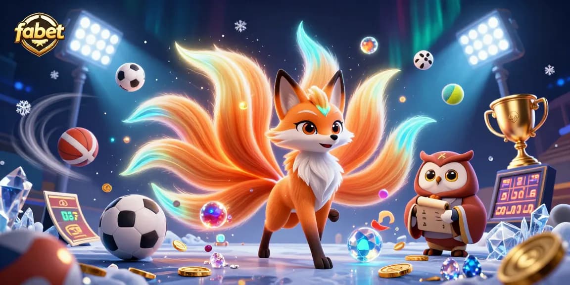 Engage with fabet's vibrant scene featuring a nine-tailed fox, colorful spirit orbs, and dynamic sports elements.