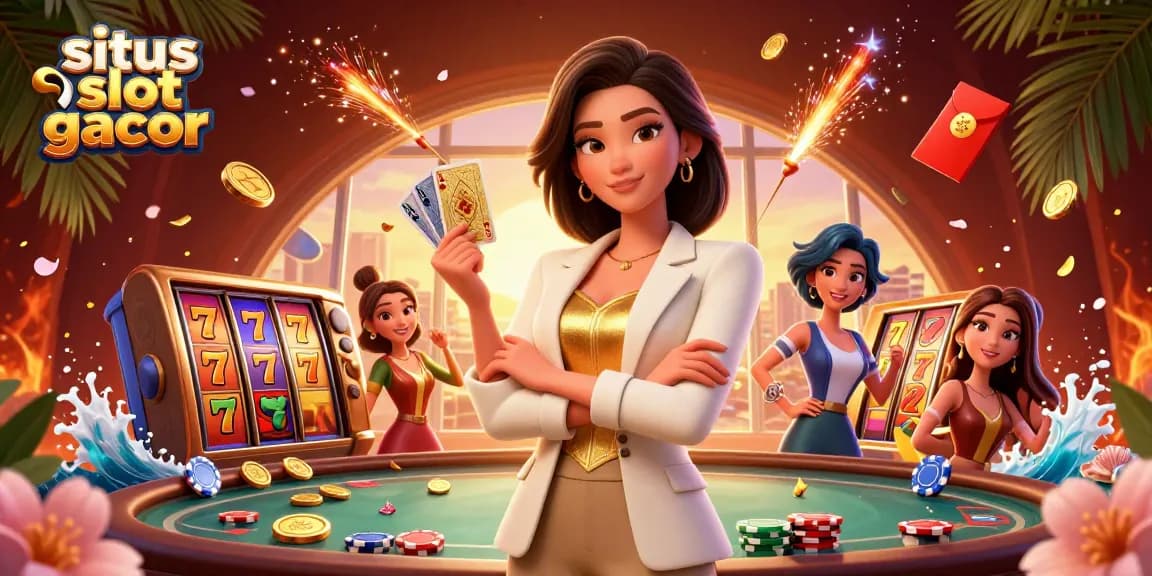 Experience the excitement of situs slot gacor with a glamorous Asian woman holding golden cards amidst slot machines.