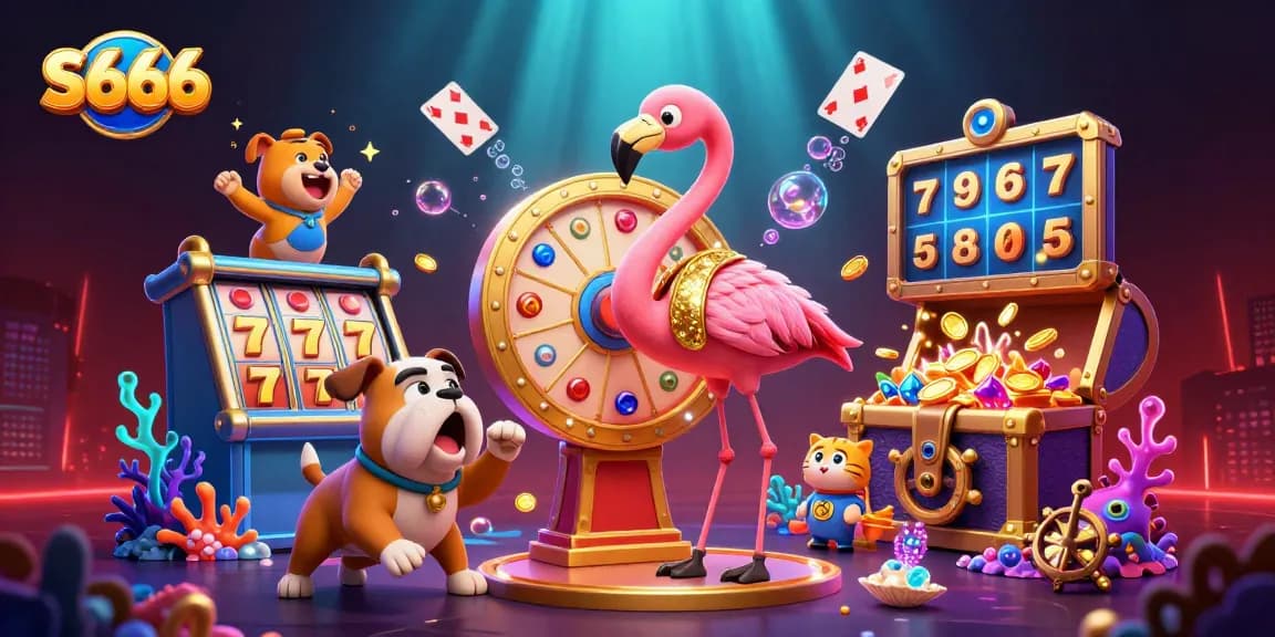 S666 entertains players with exciting luck and jackpots in a vibrant casino scene featuring 3D characters.