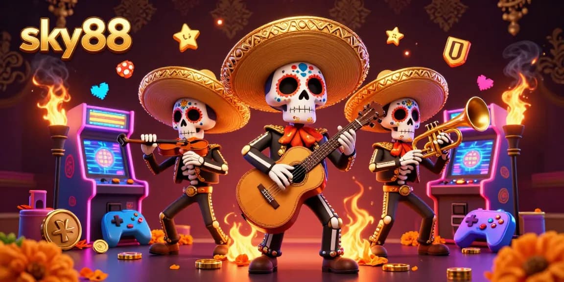 Experience the vibrant energy of sky88 with a colorful mariachi band in a bustling casino scene.