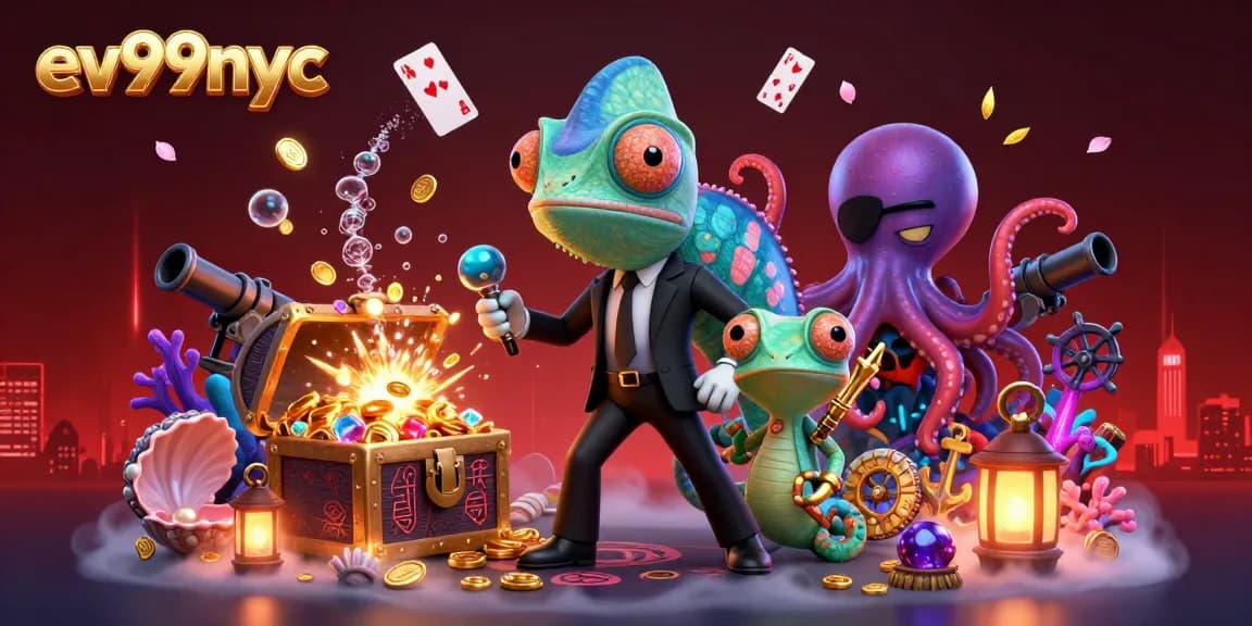 Win big at ev99nyc casino with vibrant 3D illustration of lively characters and gaming elements.