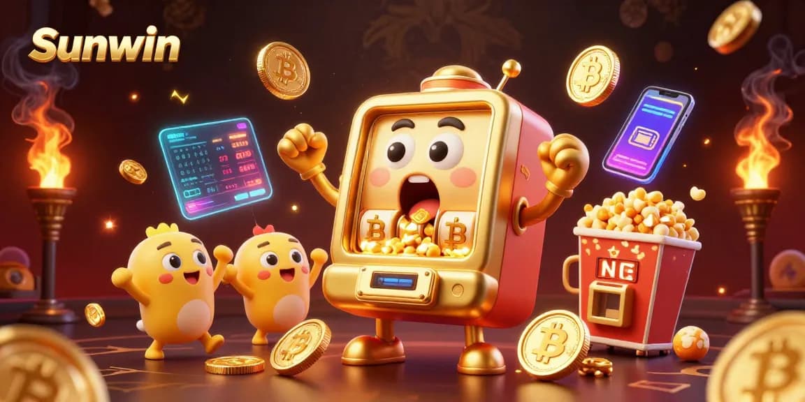 Sunwin jackpot celebration with lively slot machines and crypto elements in vibrant 3D illustration