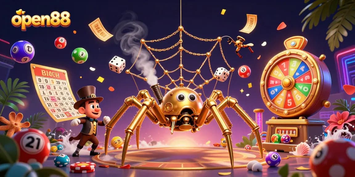 Experience thrilling games at open88 with vibrant lottery balls, engaging prize wheels, and a captivating spider web design.