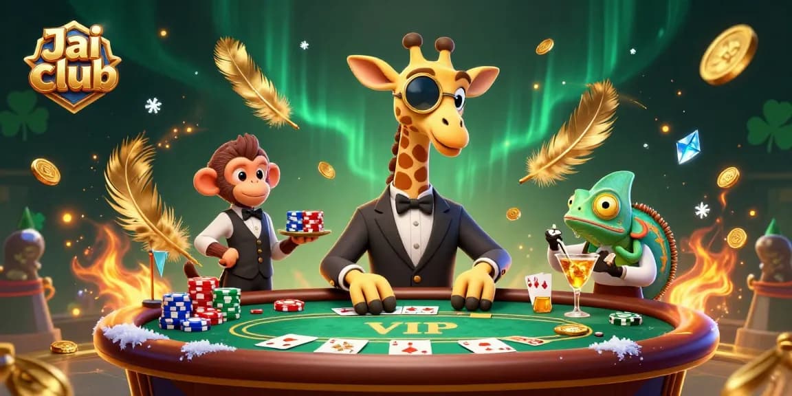 Experience the thrilling action at Jai club with a high-roller giraffe playing poker, surrounded by fun casino elements.