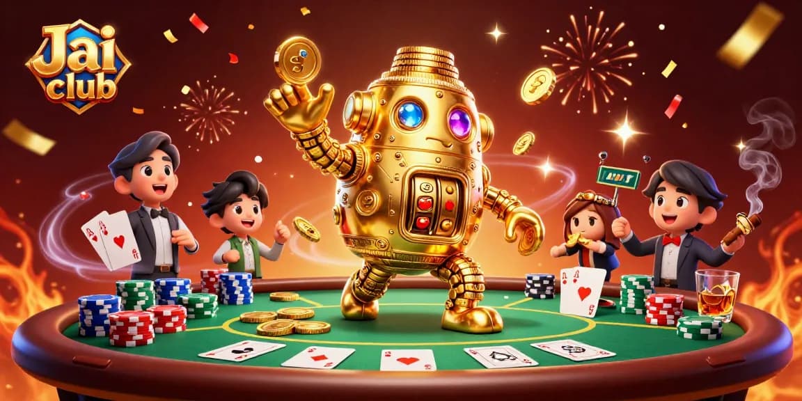 Engage in thrilling games at Jai club featuring an ancient golden golem made of coins amidst vibrant casino elements.