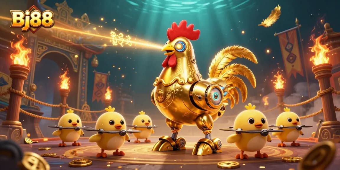 Bj88 showcases an exhilarating scene with a golden rooster robot leading baby chick drones in a betting arena.