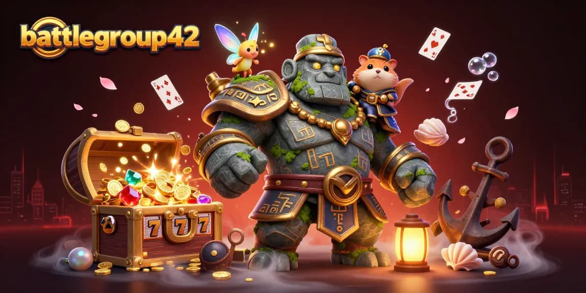 battlegroup42 showcases a vibrant 3D scene with a magical golem, fairy, and hamster knight in a casino setting.