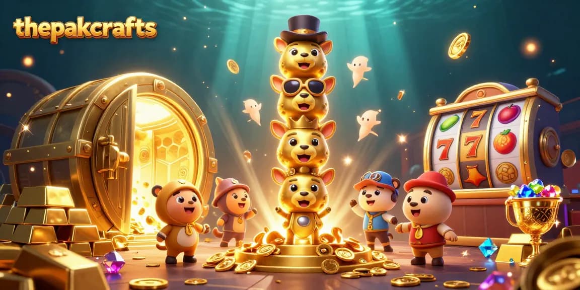 Thepakcrafts showcases vibrant casino excitement with gold treasures, slot reels, and a cartoon totem.