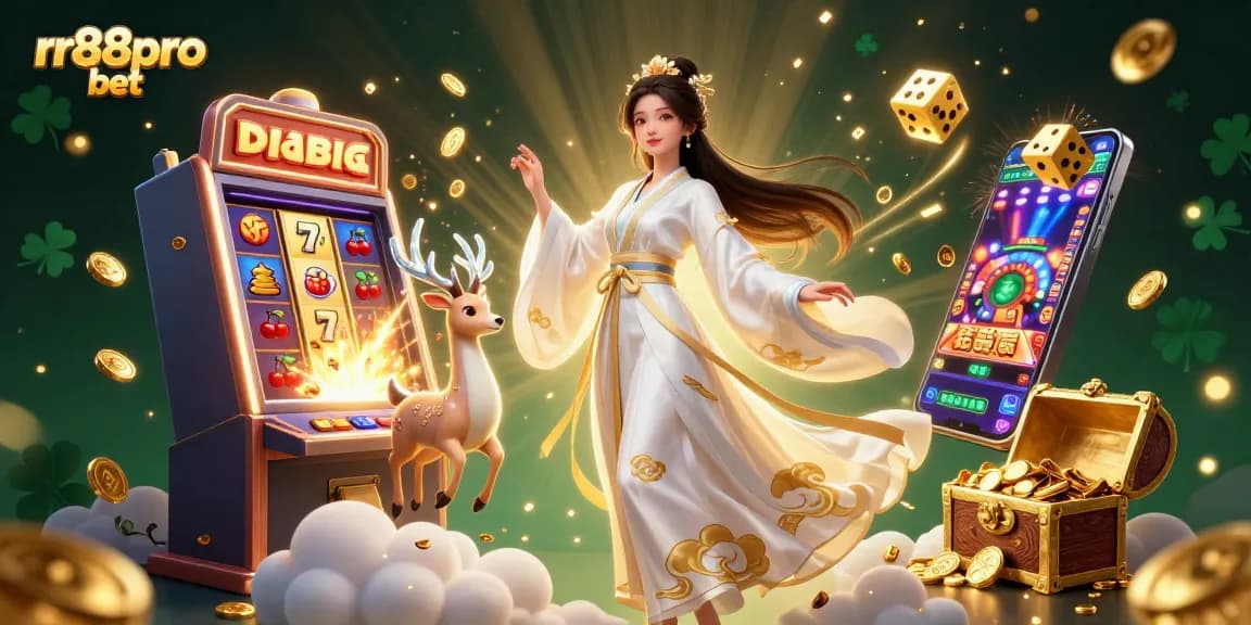 Play thrilling games at rr88pro bet with stunning 3D illustration of an Asian woman in a hanfu amidst casino elements.