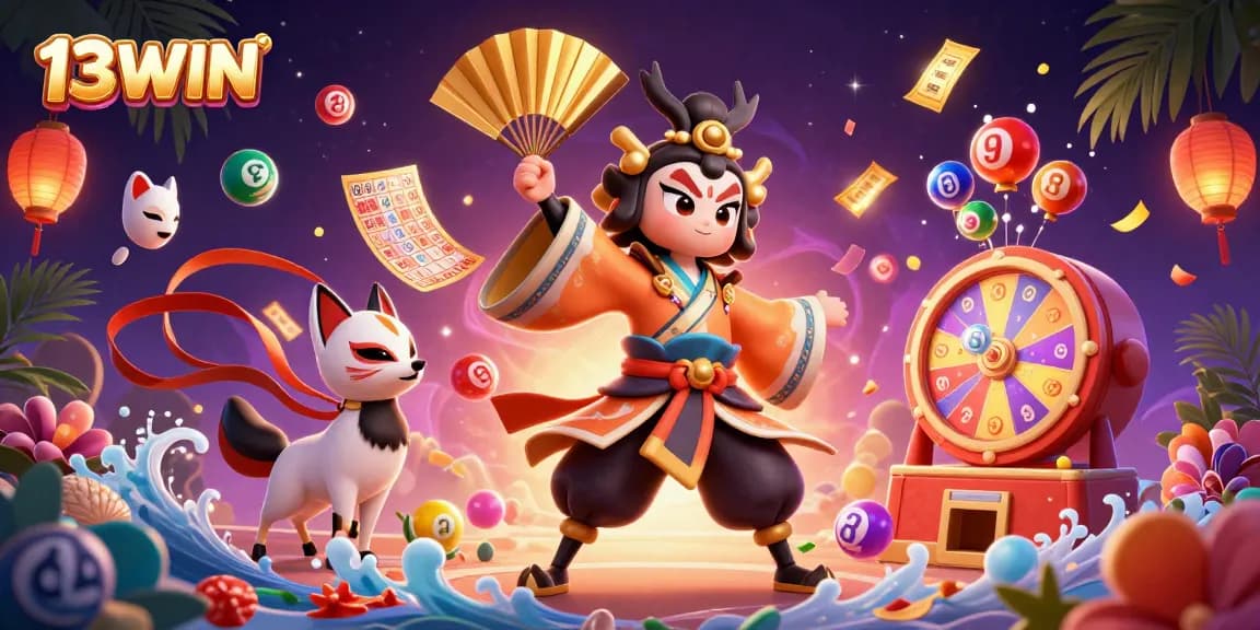 Experience the thrill of 13WIN with vibrant lottery elements and 3D characters bringing excitement to online gaming.
