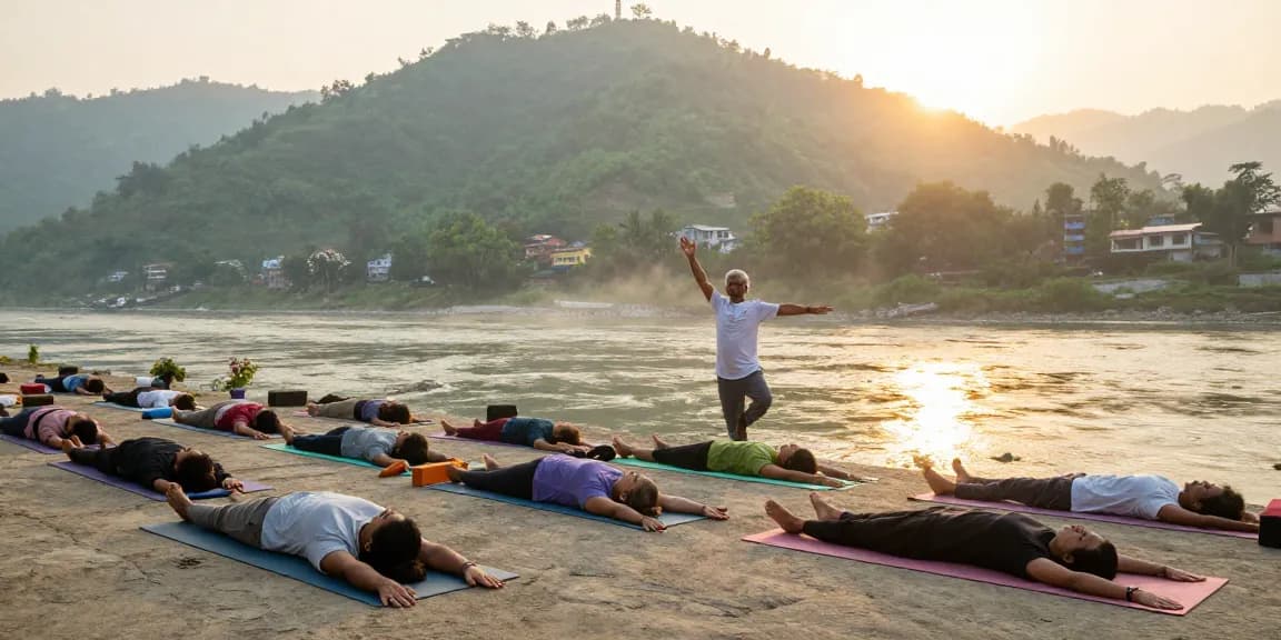 Yoga teacher training in Rishikesh India with students practicing by the Ganges River at sunrise.