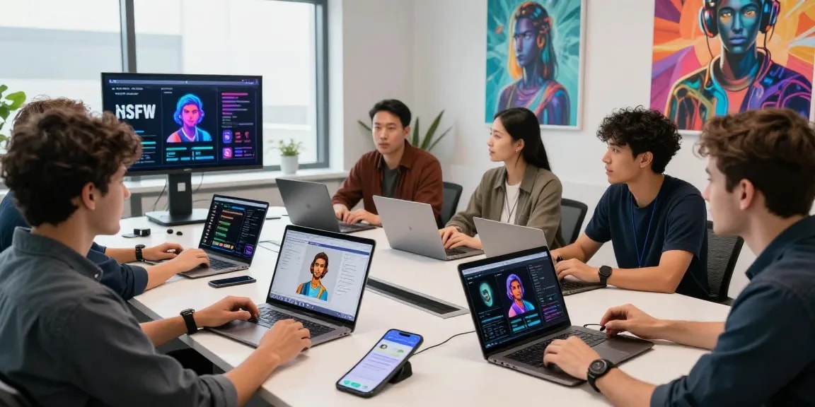 Interactive NSFW AI workspace showcasing diverse tech enthusiasts exploring AI-driven adult content solutions in 2026.