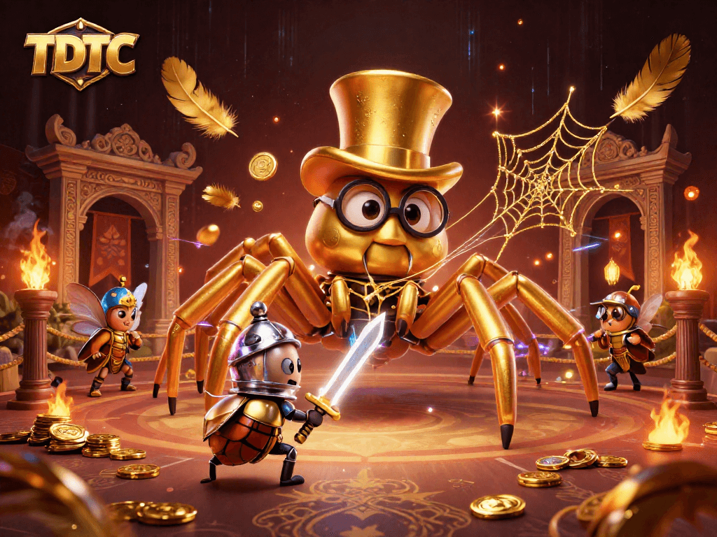 Engage with TDTC's vibrant casino world led by a giant golden tarantula and brave beetle knight.