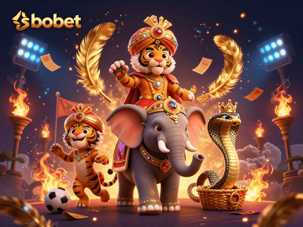 Bet on sbobet with an exciting tiger and elephant scene featuring dynamic sports and betting elements.
