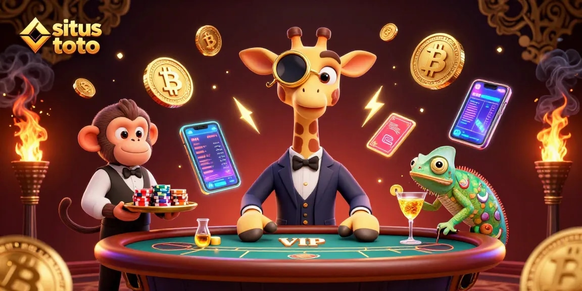 Play your luck with situs toto in a vibrant casino scene featuring unique 3D characters and crypto elements.