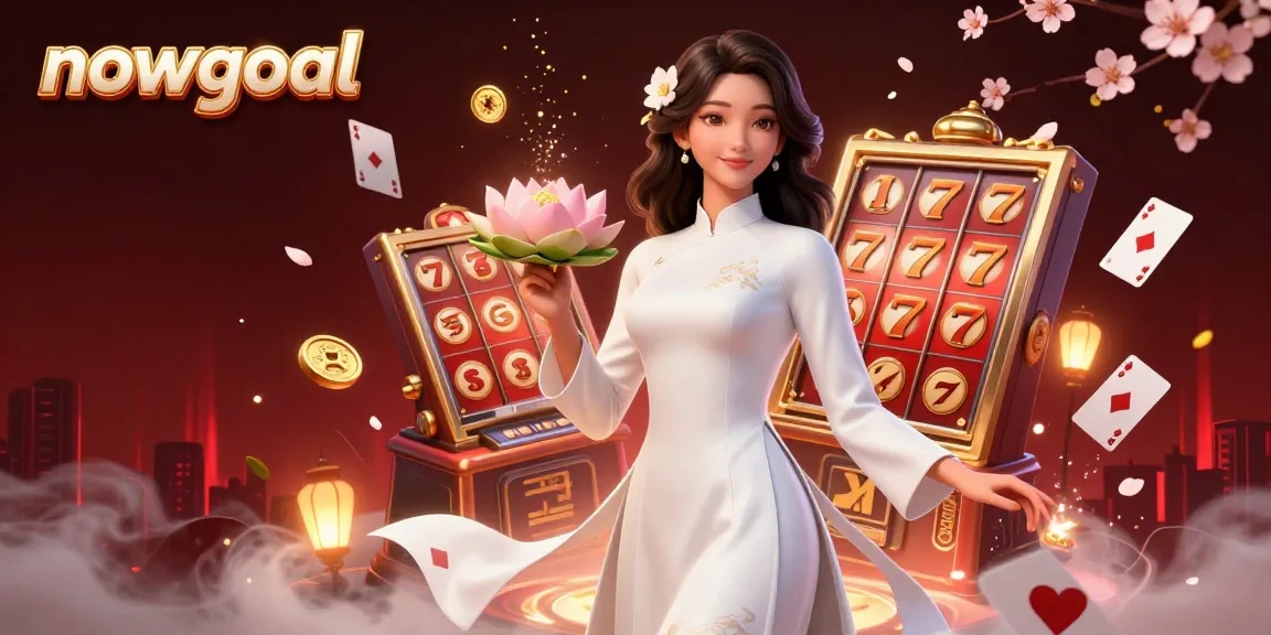 Win big with nowgoal's thrilling casino action showcasing slot reels and golden symbols.