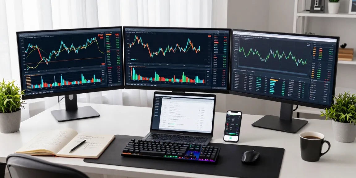 Playexch247 user managing cryptocurrency trading with digital dashboards in a secure workspace.