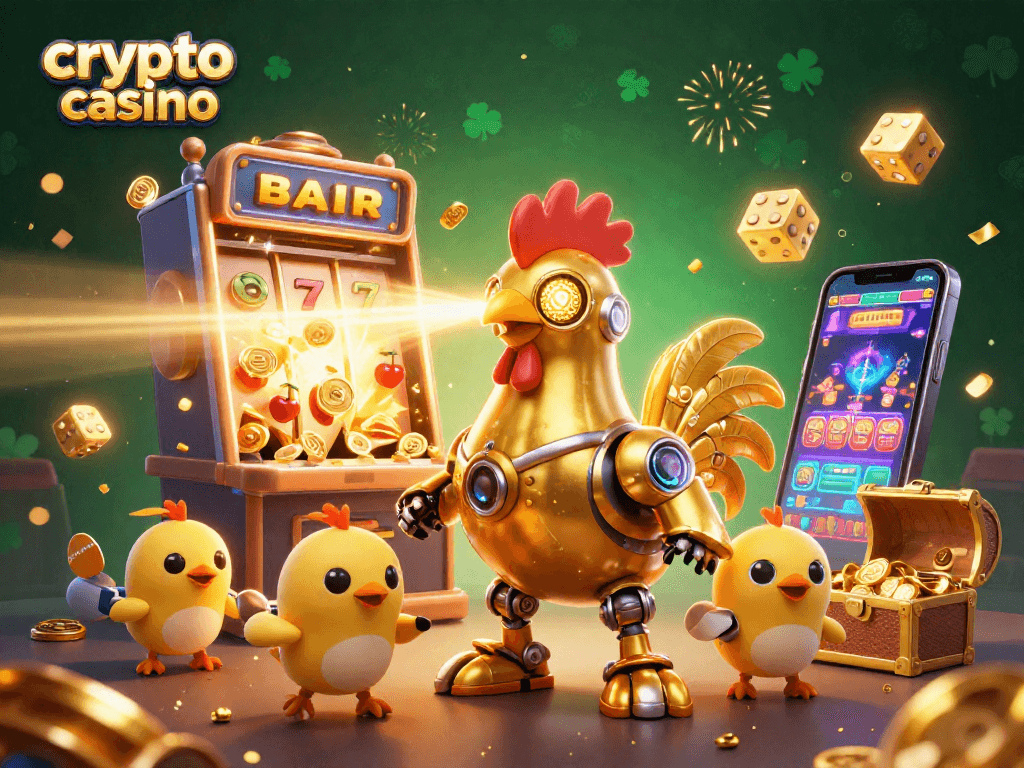 Experience the excitement of the crypto casino with a thrilling slot machine and vibrant characters.