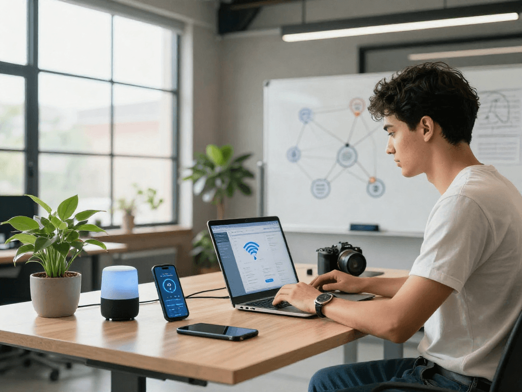 Workspace profesional dengan teknologi wifi4d, menampilkan perangkat pintar dan pengaturan jaringan.