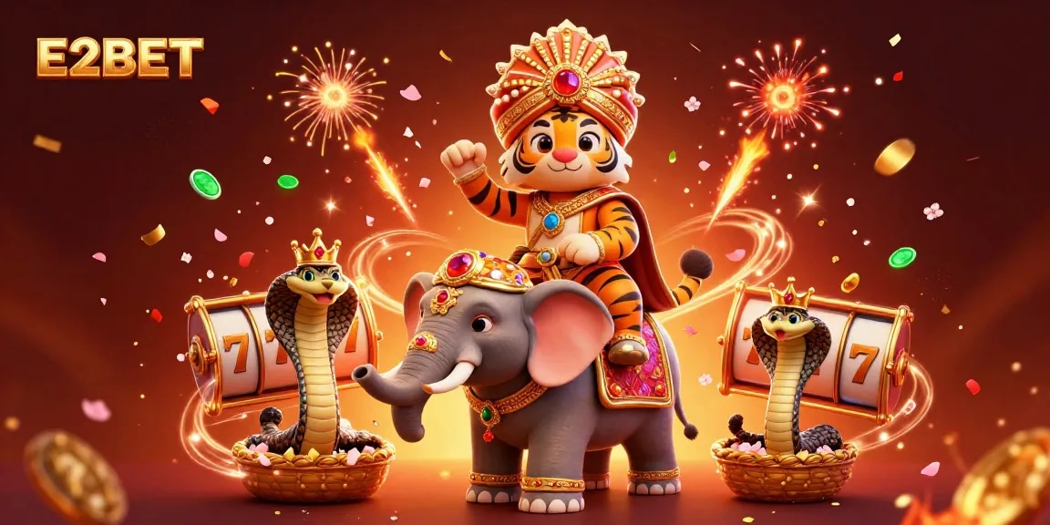 Experience E2BET's vibrant gameplay with dynamic cartoon artwork featuring a maharaja tiger!