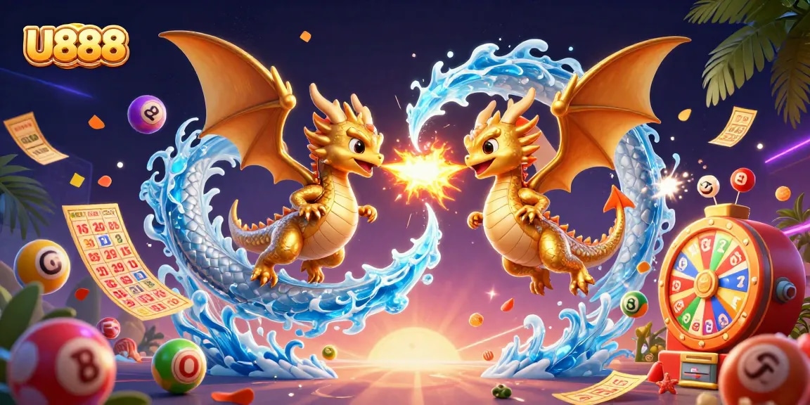 Engage with U888's dynamic casino scene featuring cartoon dragons amidst lottery elements.