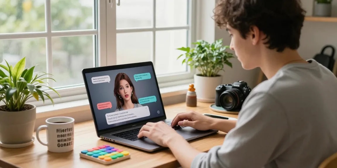 Engaging chat experience with an AI girlfriend on a laptop in a cozy home office setting.