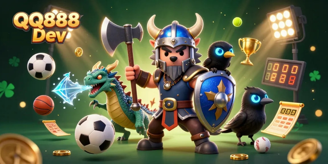 Engage in thrilling gameplay with QQ888 Dev, showcasing a Viking warrior, dragon, and raven in action.