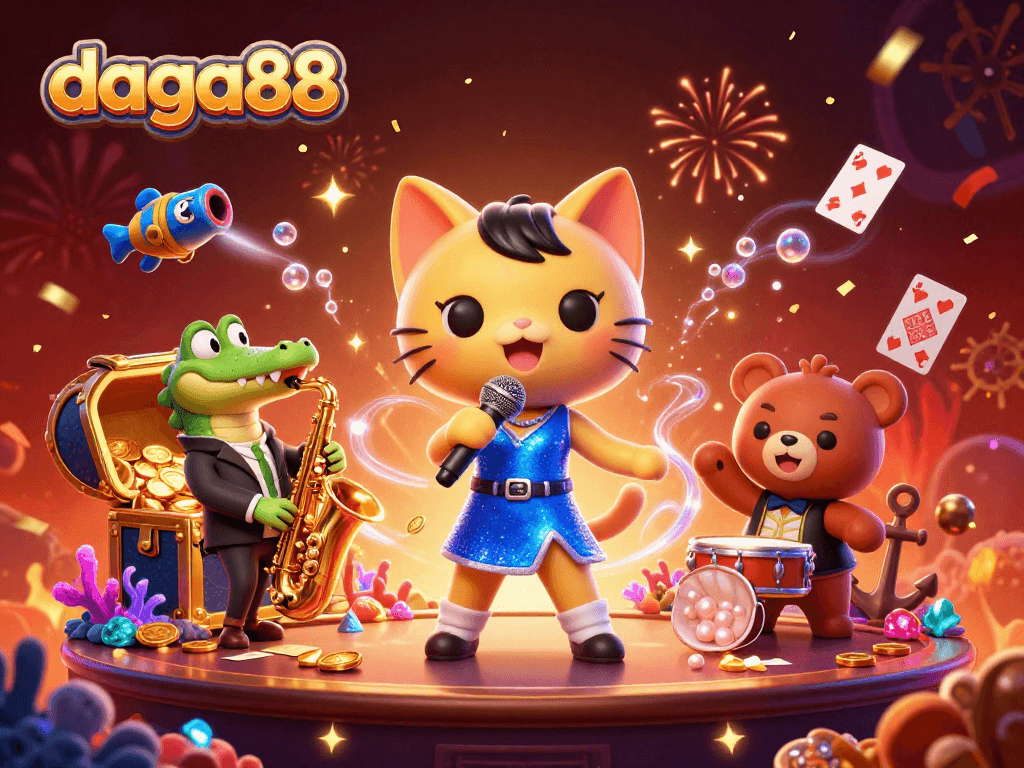 Join the excitement at daga88 with a cat singer, crocodile saxophonist, and bear drummer on a vibrant casino stage.