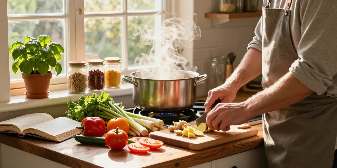 เว็บสล็อต in the kitchen while preparing healthy meals with fresh ingredients and herbs.
