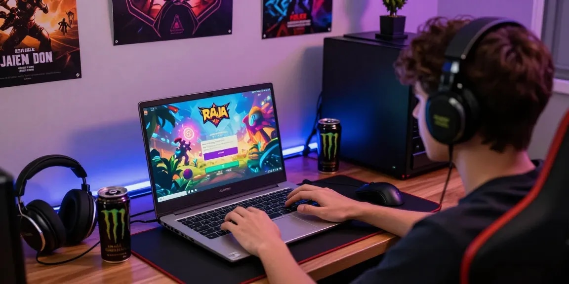 Engaged gamer using Raja Game login on laptop in a vibrant, cozy room.