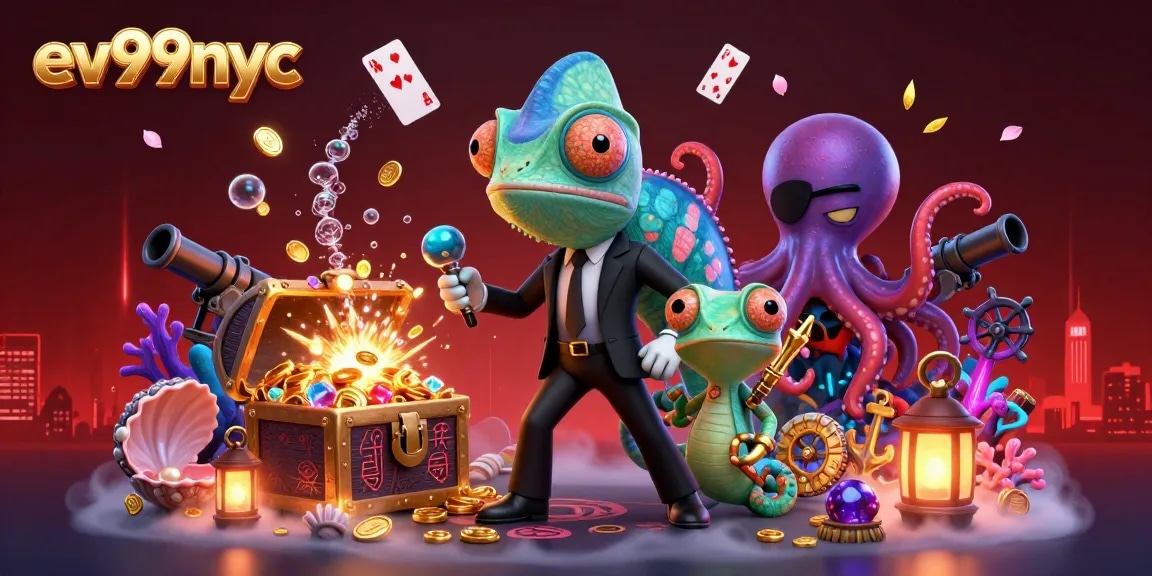 Win big at ev99nyc casino with vibrant 3D illustration of lively characters and gaming elements.