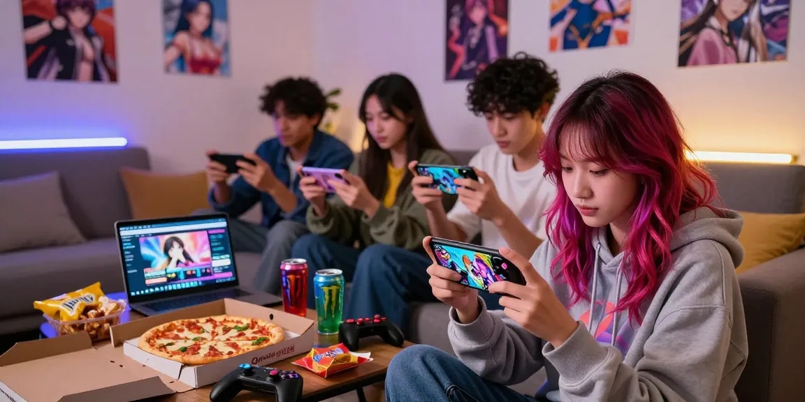 Friends enjoying a cozy gaming night, playing engaging hentai games on mobile devices.