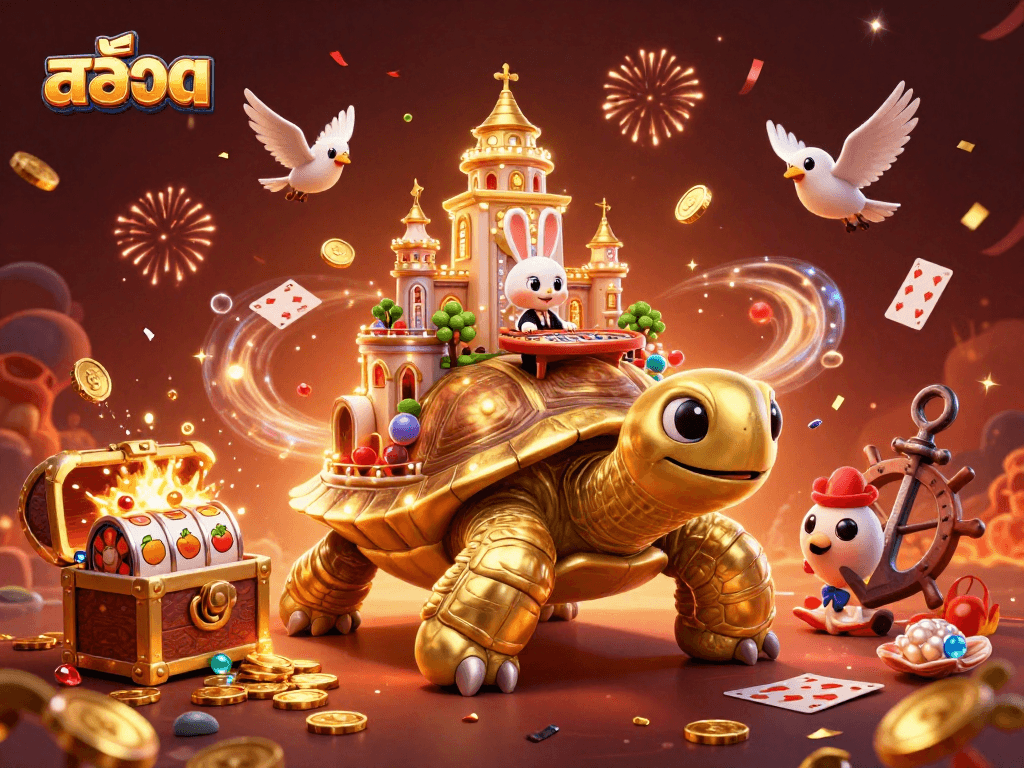 Win big with สล็อต in this vibrant 3D illustration featuring a playful casino scene.