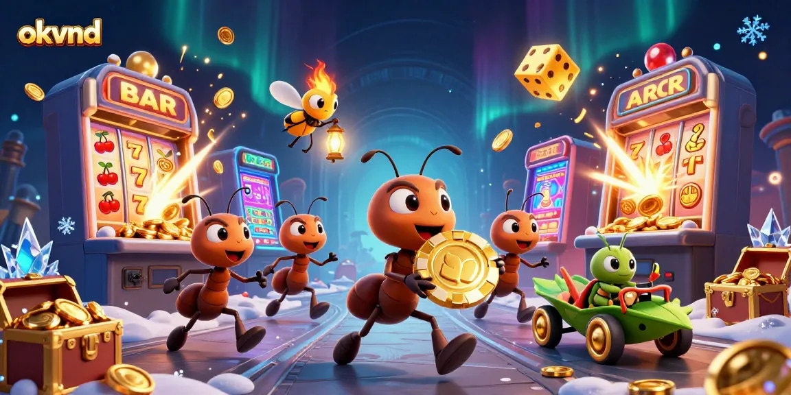 Experience the excitement of okvnd as cartoon ants carry a massive poker chip amid colorful casino elements.