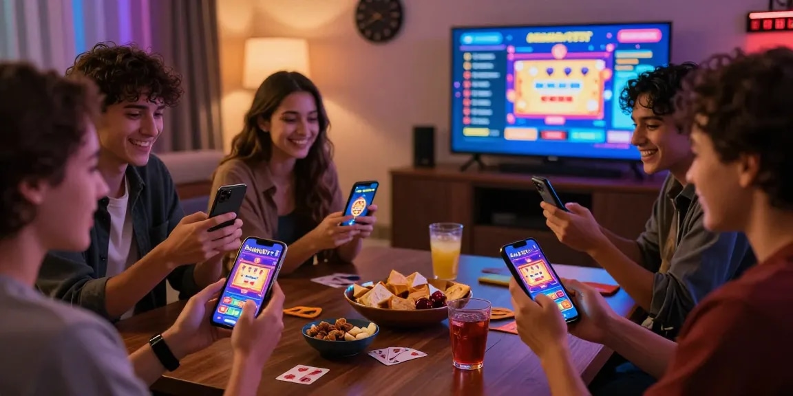 Group of friends enjoying Alano Dt 5 app on smartphones with leaderboard display, creating a lively gaming atmosphere.