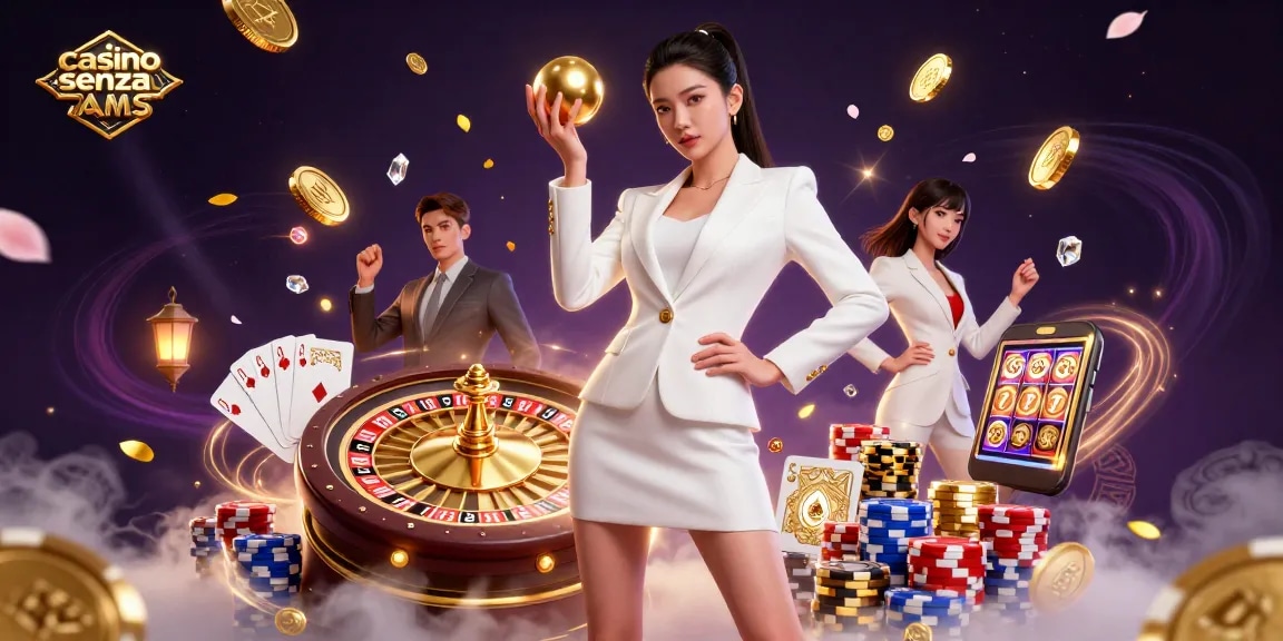 Interagisci con i casino senza AAMS attraverso elementi di gioco illustrati vivaci e un personaggio elegante.