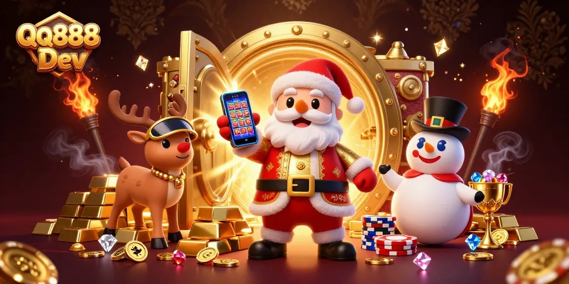 Win big with QQ888 Dev: Santa Claus and friends enjoy a vibrant casino scene filled with treasures.