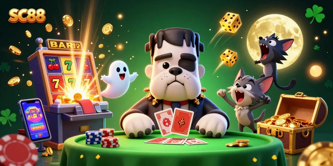 Play SC88 at a vibrant casino as the Frankenstein bulldog deals cards amidst gold coins and joyous characters.