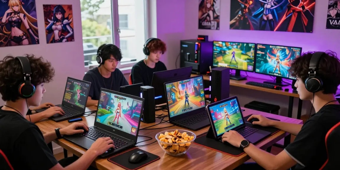 Engaged players enjoying colorful hentai games together on multiple devices, creating an immersive gaming atmosphere.