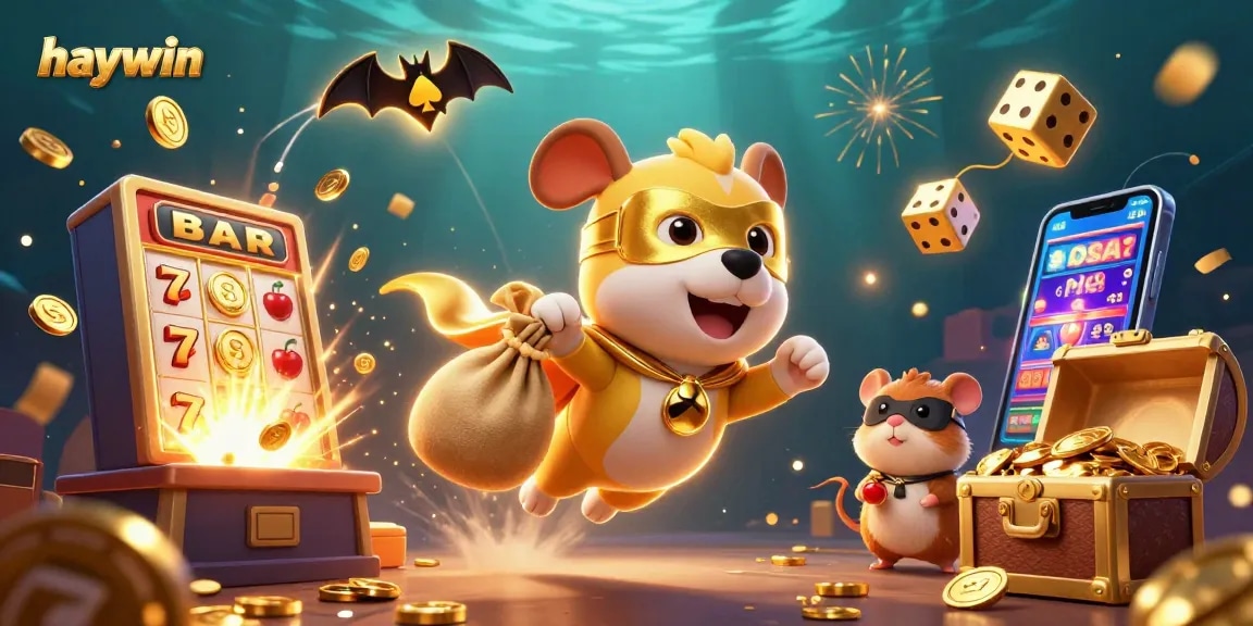 Experience excitement with haywin in a vibrant casino-themed 3D scene filled with dynamic game elements.