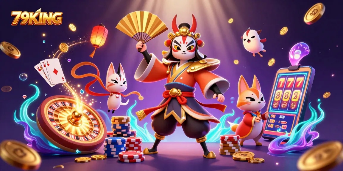 Experience high-stakes fun with 79KING's vibrant 3D casino illustration featuring dynamic characters and gaming elements.