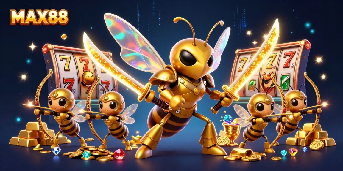 MAX88 players experience excitement with dynamic slot machine elements and golden treasure in a vibrant casino