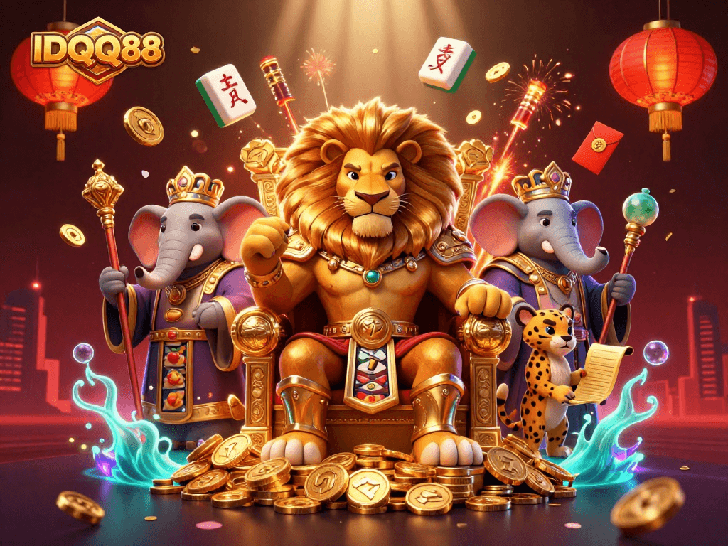Experience the excitement of IDQQ88 with the vibrant lion king, wise elephant, and swift cheetah in a dynamic casino scene.