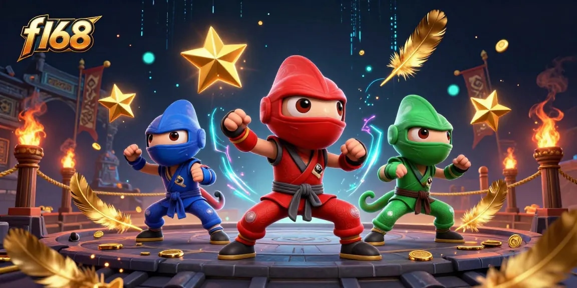 Experience the excitement of f168's ninja chameleon team showcasing dynamic casino martial arts skills amid gold coins and betting tokens.
