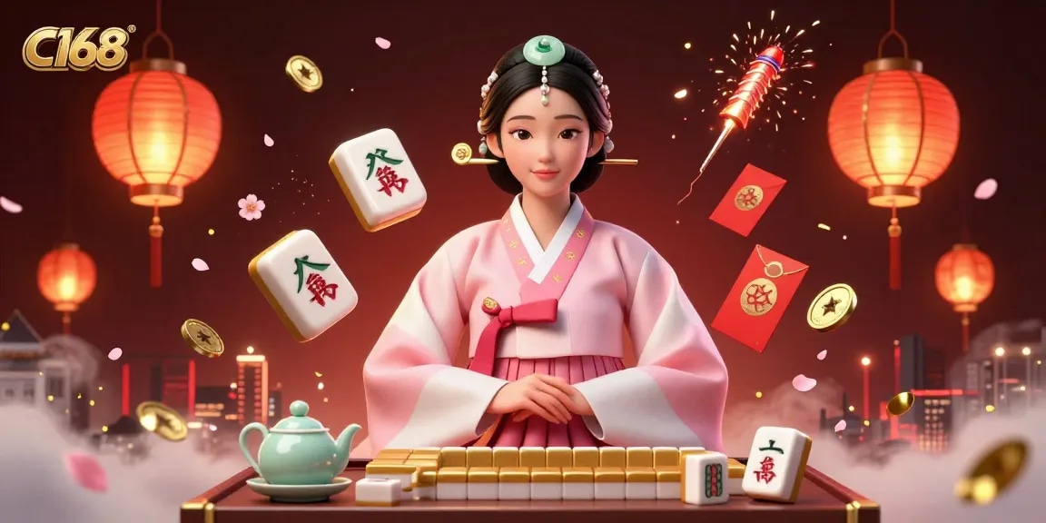 C168 offers an immersive gambling experience with mahjong tiles, lanterns, and lucky symbols in a vibrant digital casino scene.