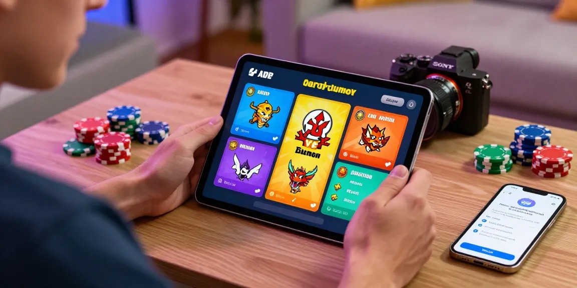 Engaging player using Card Rummy APK app link on tablet in a vibrant living room focused on exciting gaming experience.