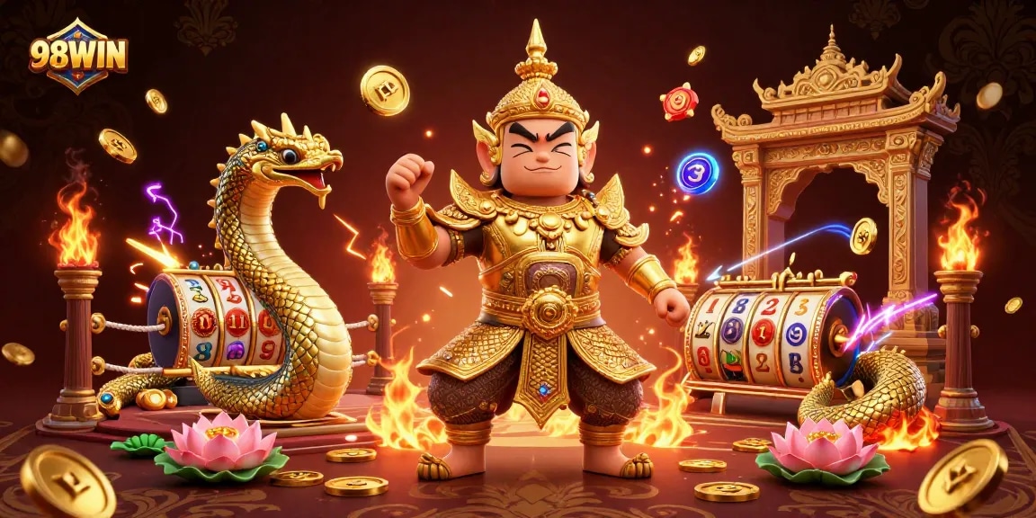 Experience thrilling gaming with 98WIN in an ultra-detailed 3D casino illustration filled with action.