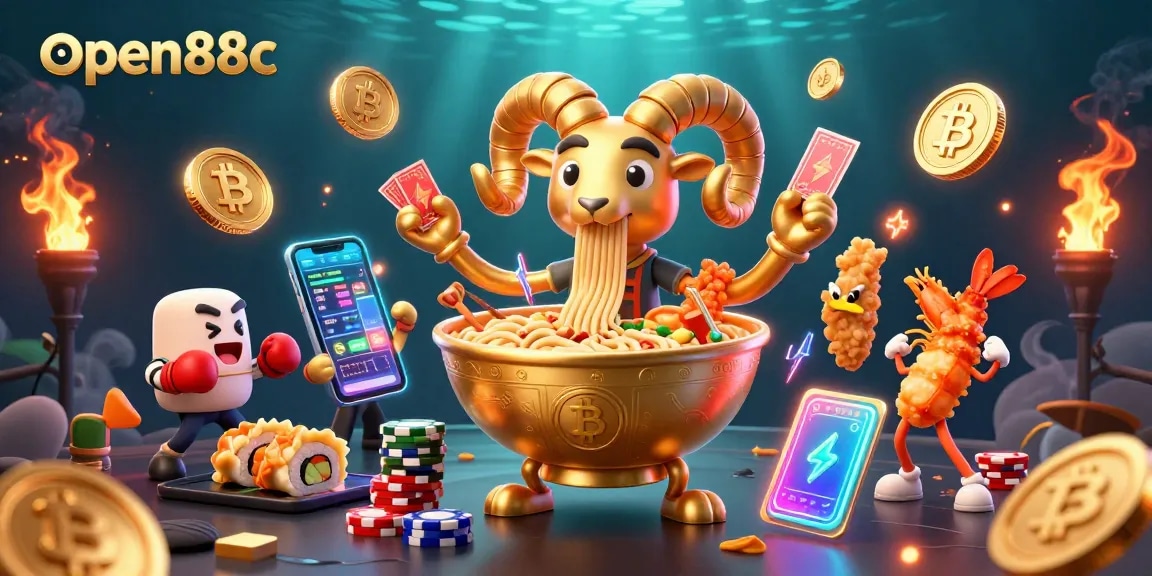 Engage in thrilling gameplay with open88c, featuring vibrant 3D illustrations of casino characters and crypto elements.